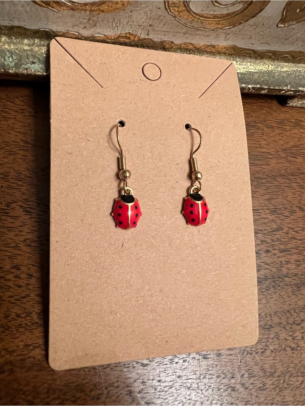 Red Ladybug Dangle Earrings with Gold Hooks NWT